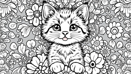 Adorable kitten surrounded by a garden of flowers coloring page