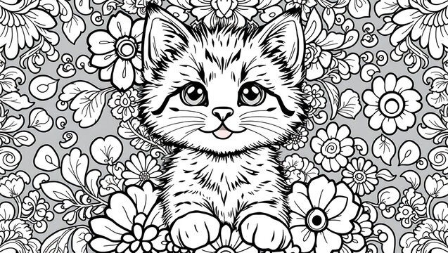 Adorable kitten surrounded by a garden of flowers coloring page