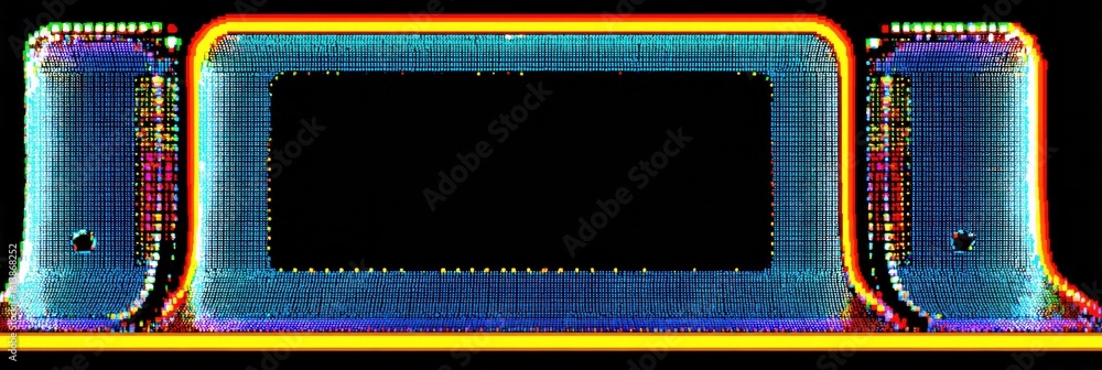 Poster retro arcade advertisement frame with a vibrant blinking pixel border and a pristine upper panel, in