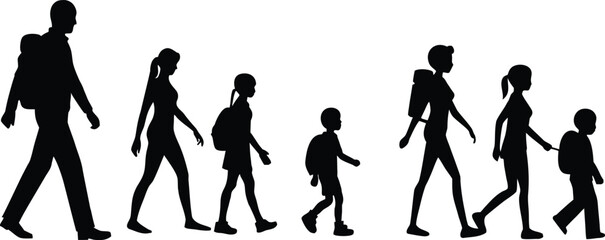 People walking together with backpacks in a distinctive silhouette