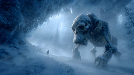 Gigantic mammoth skeleton kneeling in a frozen cave surrounded by mist snow and towering icy stalactites