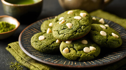 Matcha Green Tea Cookies with White Chocolate Chips on a Ceramic Plate with Rustic Linen