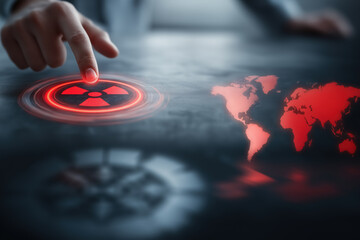 Human hand touching virtual screen with glowing red hologram radioactive danger threat alert icon. Concept of preventing nuclear hazards, cyberattacks, nuclear safety and security.