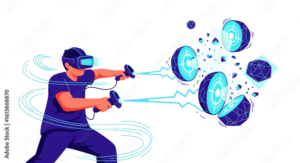 Poster a man immersed in virtual reality, using vr glasses and controllers to interact with digital objects