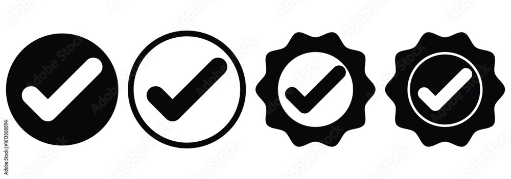 Poster blue check mark tick verification icon. set of green checkmark, red cross x mark icon, flat rounded 