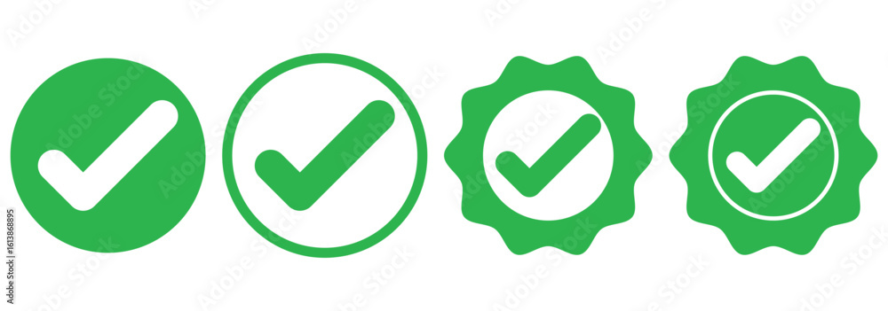 Aufkleber blue check mark tick verification icon. set of green checkmark, red cross x mark icon, flat rounded 