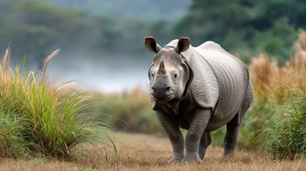 Fototapeta premium An Indian one horn rhinoceros explores a verdant grassland, surrounded by tall wild grass and shrouded in gentle morning mist