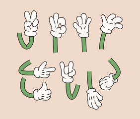 Fototapeta premium Set of cartoon-style white-gloved hands showing different gestures with green arms, flat design on beige background. Concept of emotions, symbols, and signs. Vector illustration