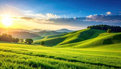 Obraz premium Breathtaking sunrise over rolling green hills serene nature landscape vibrant scenic view tranquil environment inspiring photography