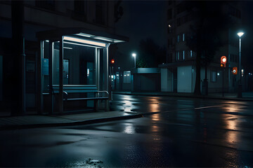 An empty bus stop at night during a light rain, street reflections in puddles, cool tones, gentle city ambiance, minimal composition, loneliness vibe