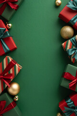 Festive vertical arrangement of wrapped Christmas gifts and glittering ornaments displayed on a...