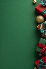 Fototapeta na wymiar Holiday decorations and wrapped gifts on a green vertical background evoking festive joy and cheer