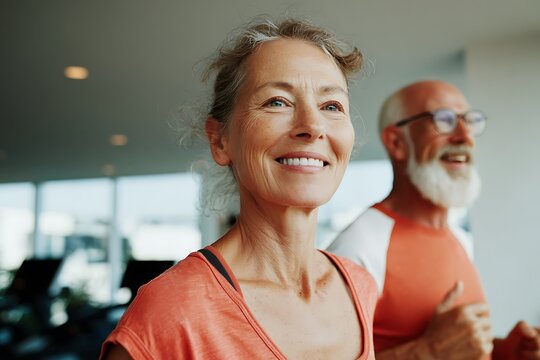Two vibrant seniors happily exercising, symbolizing healthy aging, an active lifestyle, and the joy of fitness in retirement. - Powered by Adobe
