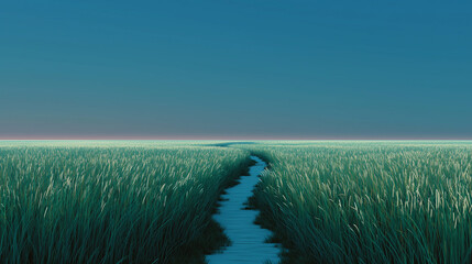 Boardwalk Path Through Tall Grass Field Under Blue Sky Nature Landscape