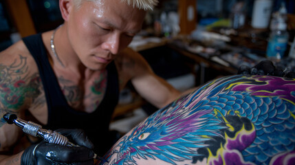 Vivid color being filled into dragon tattoo design, close-up of ink needles at work and artistâs concentrated expression reflected in chrome
