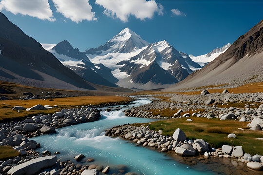 High mountain valley with glacier melting into a blue stream, patches of snow, rocky terrain, clear sky, natural alpine region