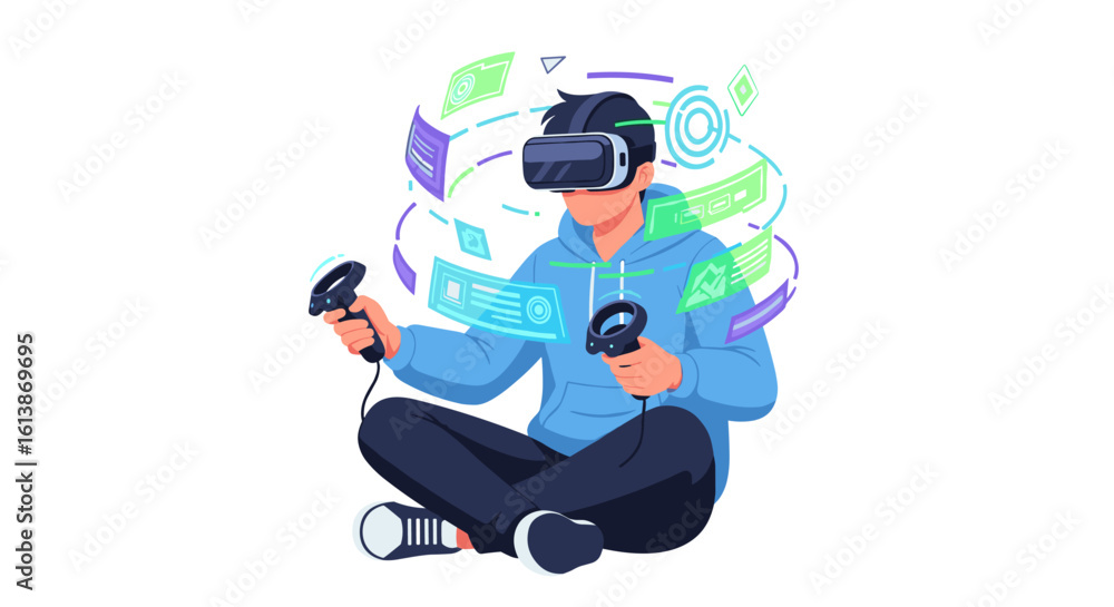 Aufkleber person experiencing virtual reality with immersive headset and controllers, interacting with digital