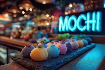 Vibrant mochi ice cream in neon-lit dessert bar with chrome reflections