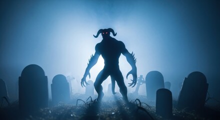 Scary monster silhouette with red eyes in a foggy graveyard. Horror concept for Halloween and scary themes.