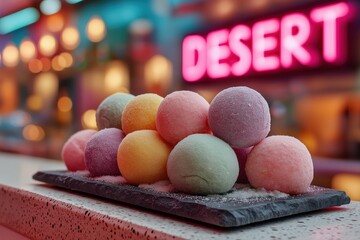 Vibrant mochi ice cream in neon-lit dessert bar with chrome reflections