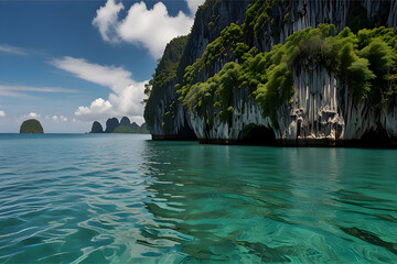 Limestone karst cliffs rising from turquoise water in tropical bay, partly cloudy sky, dramatic rock shapes, lush green tops
