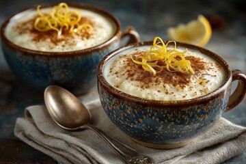 Creamy rice pudding in ceramic bowls with cinnamon dust and lemon zest