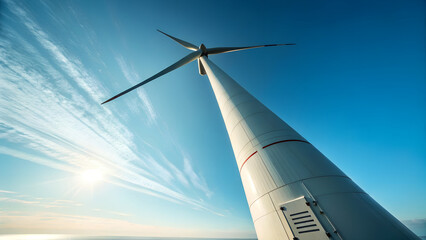 Towering wind turbine reaching towards a bright blue sky
