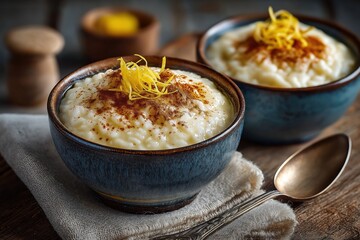 Creamy rice pudding in ceramic bowls with cinnamon dust and lemon zest
