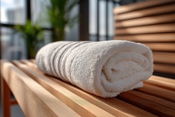 Neatly folded towel on wooden bench evokes spa-like peace and quiet