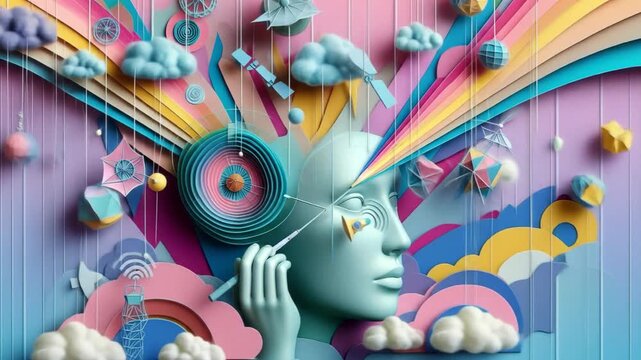 Colorful surreal portrait of a woman with creative thoughts and ideas  