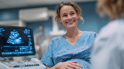 Pregnant girl at medical clinic undergoing ultrasound, monitor showing baby image, smiling as doctor explains the results