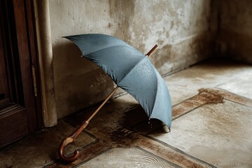 Rain-soaked umbrella resting quietly by door captures soft overcast domestic moment