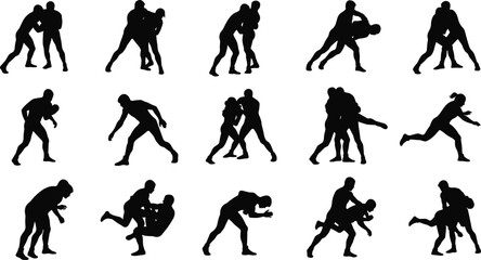 Silhouette of wrestlers in action, grappling and takedown positions, wrestling match vector set, combat sport poses, athletic fighters training, martial arts competition clipart