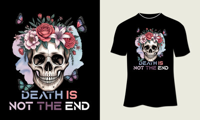 Elegant Gothic Skull with Flower Crown and Butterflies – Boho Watercolor T-Shirt Design