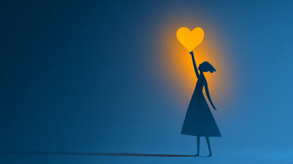 Silhouette Of Woman Reaching For Glowing Heart Symbol On Blue Background