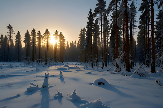 Snowy taiga forest in winter, pine trees covered in snow, low sunlight, frozen ground, cold and remote northern biome