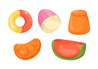 Assorted colorful candy sweets in different shapes and fruity styles, in cartoon graphic style, isolated on white background. Concept of sugary treats. Vector illustration