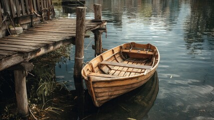 Fototapeta premium Wooden boat moored at a rustic dock on a lake