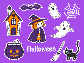Cute Halloween Stickers A Spooky Collection of Witch Ghost Bat Cat Cauldron House and Cobweb Illustrations on Purple