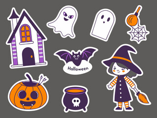Collection of Whimsical Halloween Stickers Featuring a Haunted House Ghosts a Bat a Witch and Other Spooky Elements