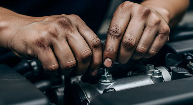 Close-up of hands working on a car engine during maintenance or repair process showing mechanical skills and automotive technology in action