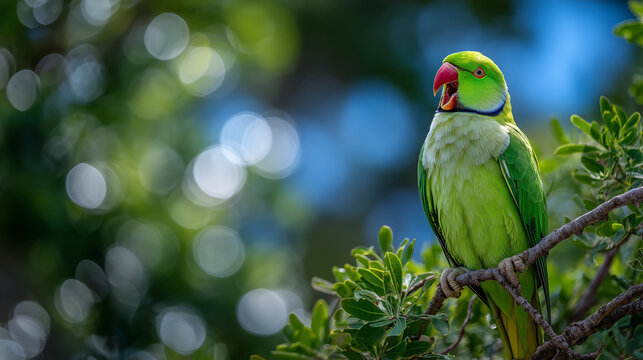 Bright green parrot captured mid-call, beak open as it sings from a branch in a sunlit grove, soft bokeh in the background