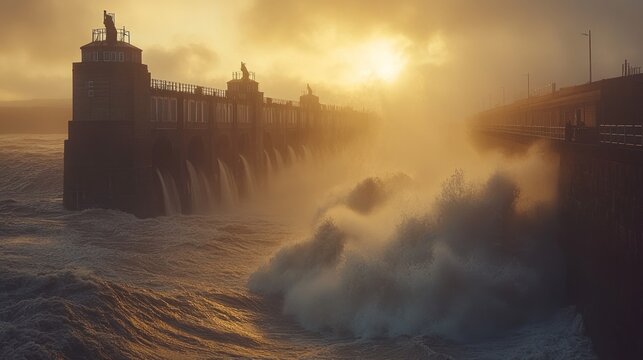 Powerful waves crash against a coastal structure at sunset - Powered by Adobe