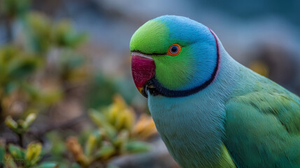 Portrait of Indian ringneck parakeet in natural light, background softly blurred, focus on iridescent feather texture and intelligent eye