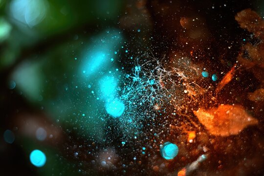 Abstract splatter art with teal and orange/brown hues. Blurry green background - Powered by Adobe