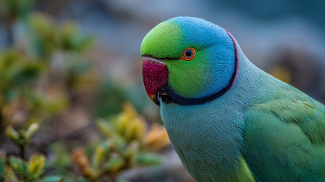 Portrait of Indian ringneck parakeet in natural light, background softly blurred, focus on iridescent feather texture and intelligent eye - Powered by Adobe