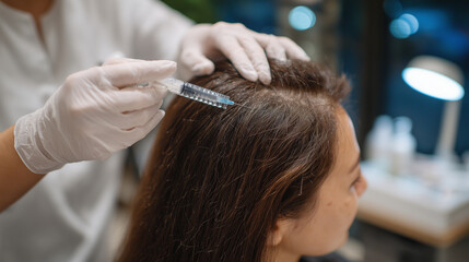 Naklejka premium Close-up of gloved hands parting the patientâs hair as a fine mesotherapy needle approaches the scalp, magnifying lamp casting clinical white light, modern dermatology devices blur
