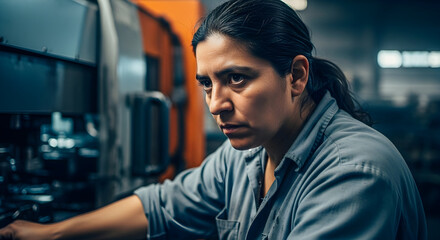 Intense focused woman working in a high-tech industrial environment with machinery and equipment in the background showcasing concentration and technical skills in a professional setting