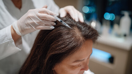Fototapeta premium Close-up of gloved hands parting the patientâs hair as a fine mesotherapy needle approaches the scalp, magnifying lamp casting clinical white light, modern dermatology devices blur