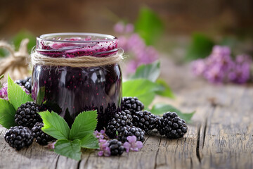 A rustic glass jar filled with raw blackberry jam, surrounded by fresh wild blackberries and green leaves